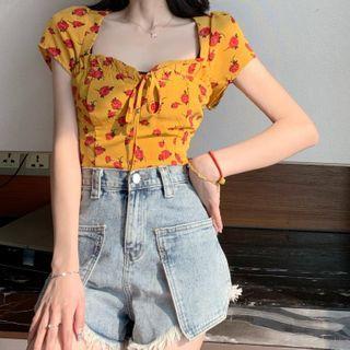 Short-sleeve Floral Print Open Back Top