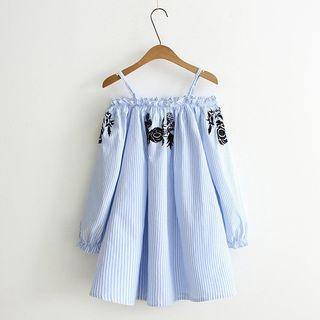 Off-shoulder Striped Embroidered A-line Dress