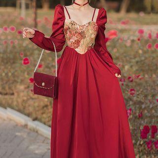 Floral Panel Long-sleeve Maxi A-line Dress