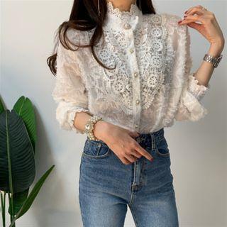 Buttoned Mock-turtleneck Lace Blouse