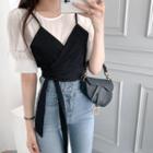 Set: Puff-sleeve Plain Blouse + Cropped Camisole Top