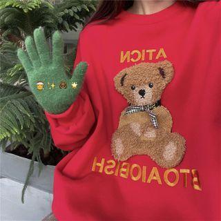 Bear Embroidered Round-neck Sweatshirt Red - One Size