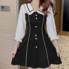 3/4-sleeve Two Tone A-line Dress