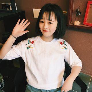 Bird Embroidered Elbow-sleeve T-shirt