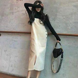 Set: Mock-turtleneck Long-sleeve Top + Midi Pinafore Dress