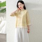 3/4-sleeve Floral Embroidered Blouse / Wide Leg Pants