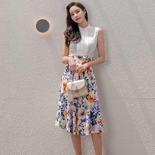 Set: Sleeveless Blouse + Flower Print A-line Skirt