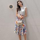 Set: Sleeveless Blouse + Flower Print A-line Skirt