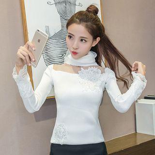 Lace Panel Turtleneck Long Sleeve Knit Top