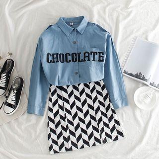 Long-sleeve Lettering Denim Shirt / Pattern Skirt