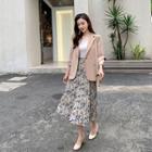 Set: 3/4-sleeve Single-button Blazer + Flower Print Midi Accordion Pleat Skirt