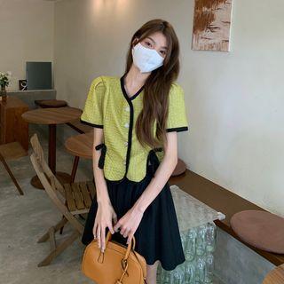 Contrast Trim Cropped Blouse / Mini A-line Skirt