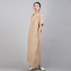 Elbow-sleeve V-neck Embroidered Maxi A-line Dress