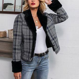 Furry Trim Plaid Button Jacket