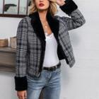 Furry Trim Plaid Button Jacket