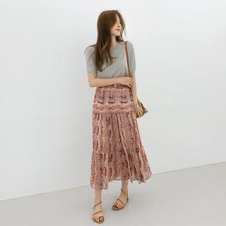 Floral Chiffon Long Flare Skirt Red - One Size