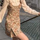 Mock Two-piece Long-sleeve Collared Floral Print Mini Sheath Dress