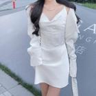 Long-sleeve Plain Cardigan / V-neck Sleeveless Dress