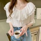 Short-sleeve Lace Collared Plain Blouse