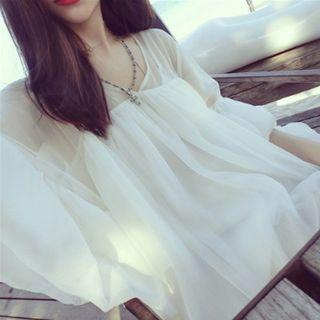 Long-sleeve V-neck Chiffon Blouse White - One Size
