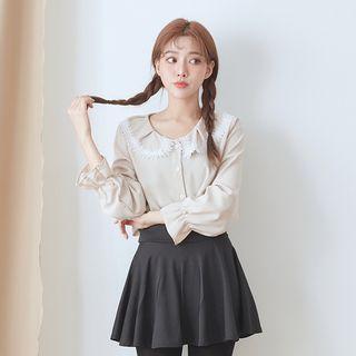 Lace Trim Collar Smocked-cuff Blouse Almond Coco(22) - One Size