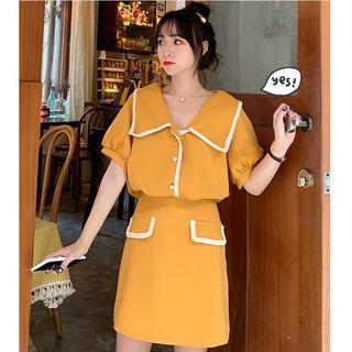 Set: Contrast Trim Faux Pearl Short-sleeve Blouse + Mini A-line Skirt