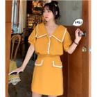 Set: Contrast Trim Faux Pearl Short-sleeve Blouse + Mini A-line Skirt