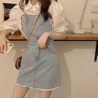Puff-sleeve Blouse / Denim Mini A-line Overall Dress