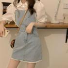 Puff-sleeve Blouse / Denim Mini A-line Overall Dress