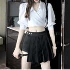 Tie-waist Lantern-sleeve Blouse / Mini Pleated Skirt