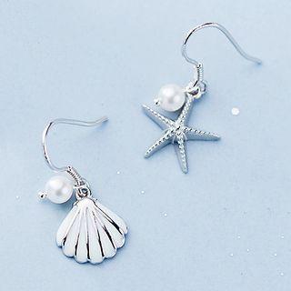 925 Sterling Silver Faux Pearl Shell & Starfish Dangle Earring S925 - As Shown In Figure - One Size