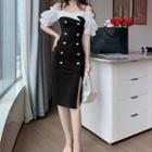 Puff-sleeve Cold-shoulder Slit Sheath Dress