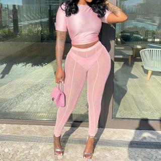 Set: Short-sleeve Cropped T-shirt + Mesh Leggings
