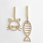 Asymmetrical Rhinestone Cat & Fish Drop Earring 1 Pair - Asymmetric - Gold - One Size