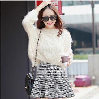 Set: Plain Ribbed Long-sleeve Knit Sweater + Houndstooth Mini Skirt