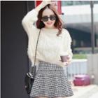 Set: Plain Ribbed Long-sleeve Knit Sweater + Houndstooth Mini Skirt