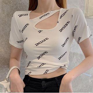 Short-sleeve Lettering Asymmetric Cutout Crop Top