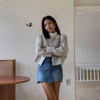 Flap-pocket Metallic-button Tweed Jacket