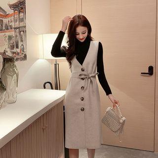 Set: Rib Knit Top + Sleeveless Buttoned Midi Dress