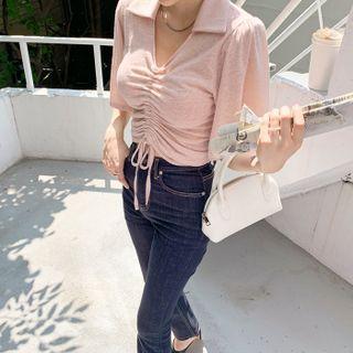 Collared Drawstring Linen Blend Top
