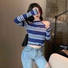 Long-sleeve Striped Knit Top Stripes - Blue - One Size