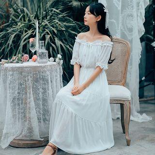 Frill Trim Off-shoulder Chiffon Dress