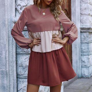 Long Sleeve Color-block Ruffled Dress