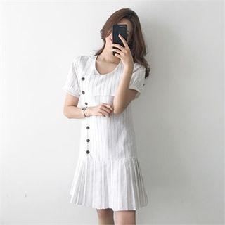 Buttoned Pleated Linen Blend Pinstripe Dress