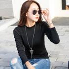 Plain Mock Neck Long-sleeve T-shirt
