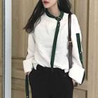 Color-block Bell-sleeve Tie Loose-fit Chiffon Top