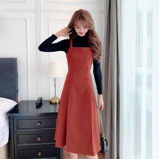 Set: Mock-neck Knit Top + Spaghetti Strap Double Breasted Midi Dress