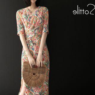 Elbow-sleeve Patterned Slit Midi Dress