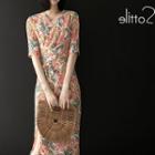Elbow-sleeve Patterned Slit Midi Dress