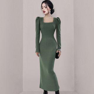 Long-sleeve Square-neck Maxi Sheath Dress